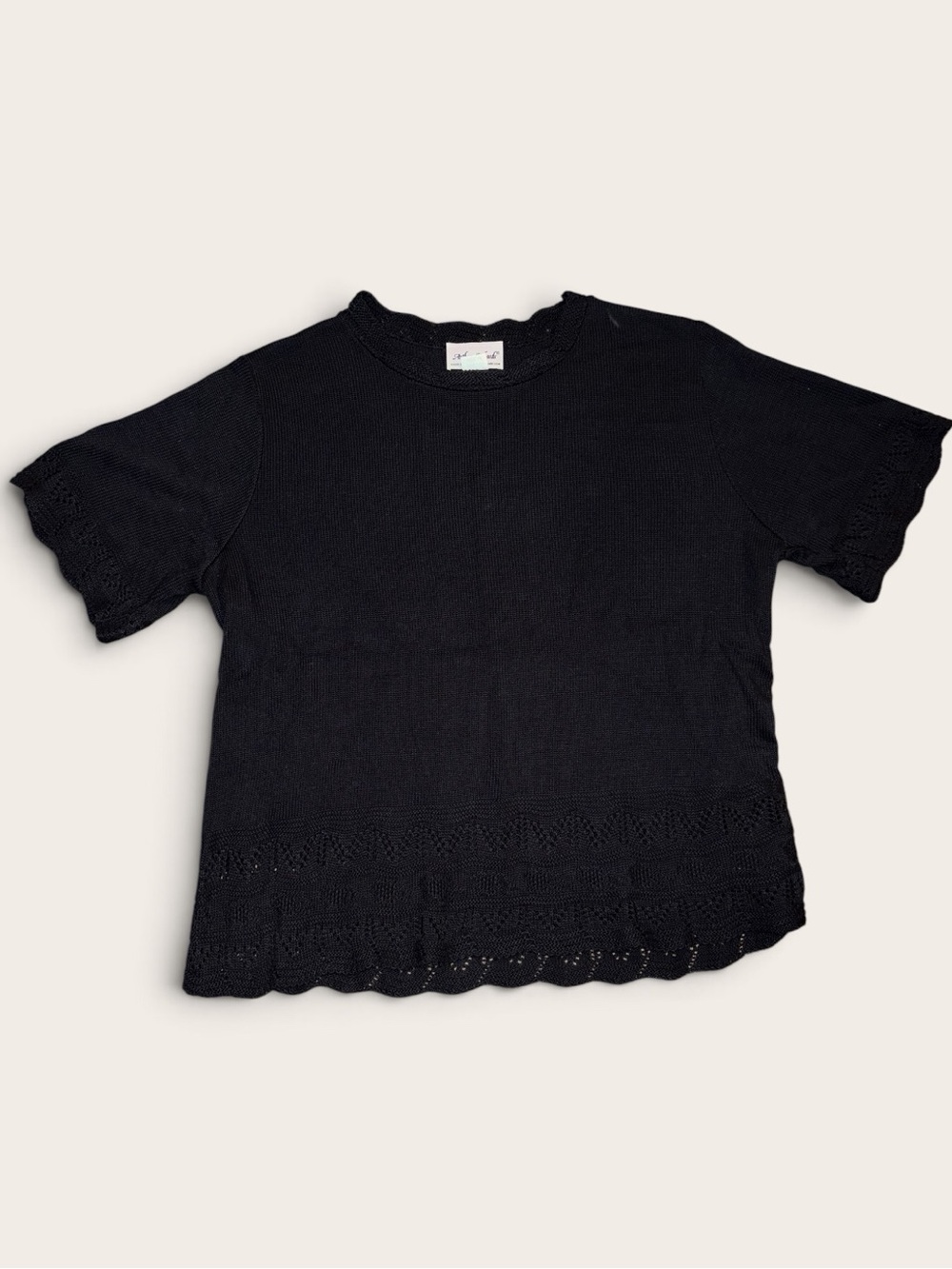 Anthony Richards Women’s 1X Black Knit Top Crochet Openwork Short Sleeve